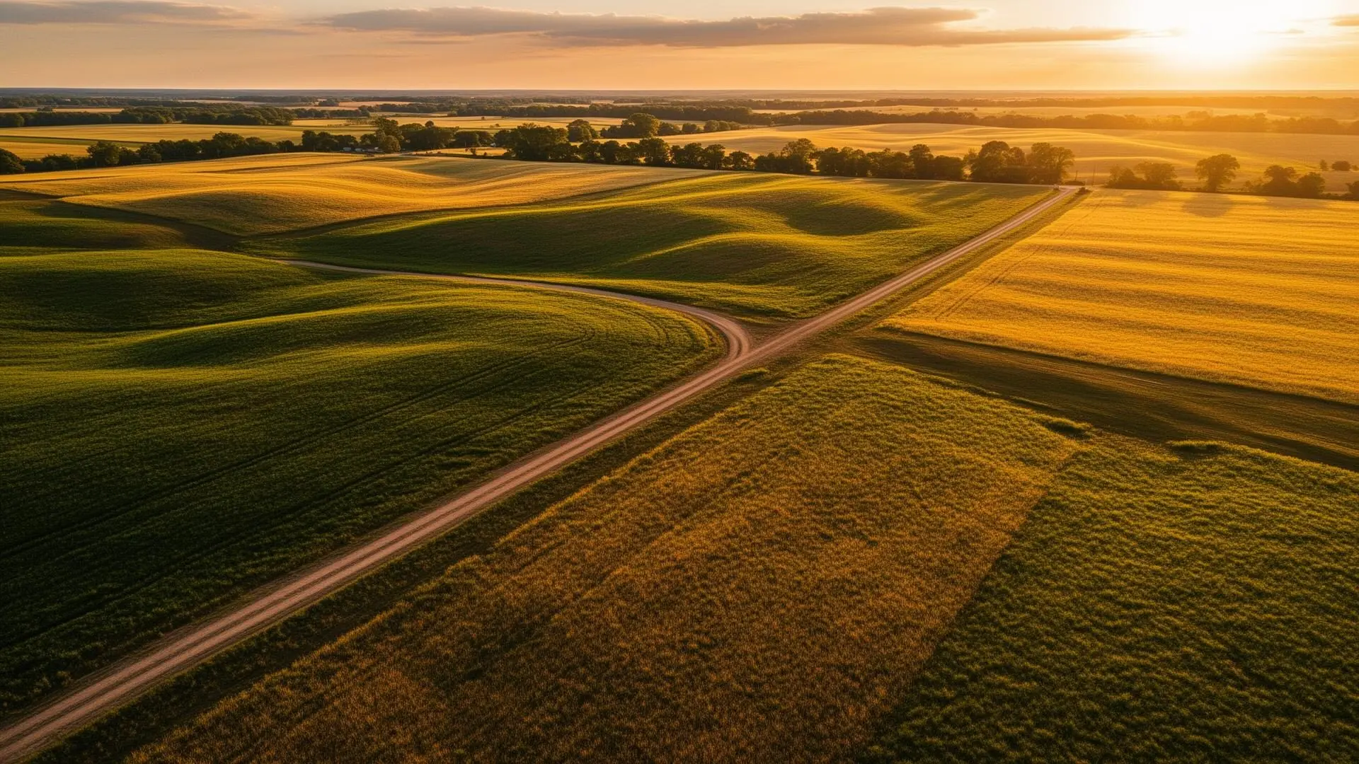 Aerial view of rolling American farmland at sunset