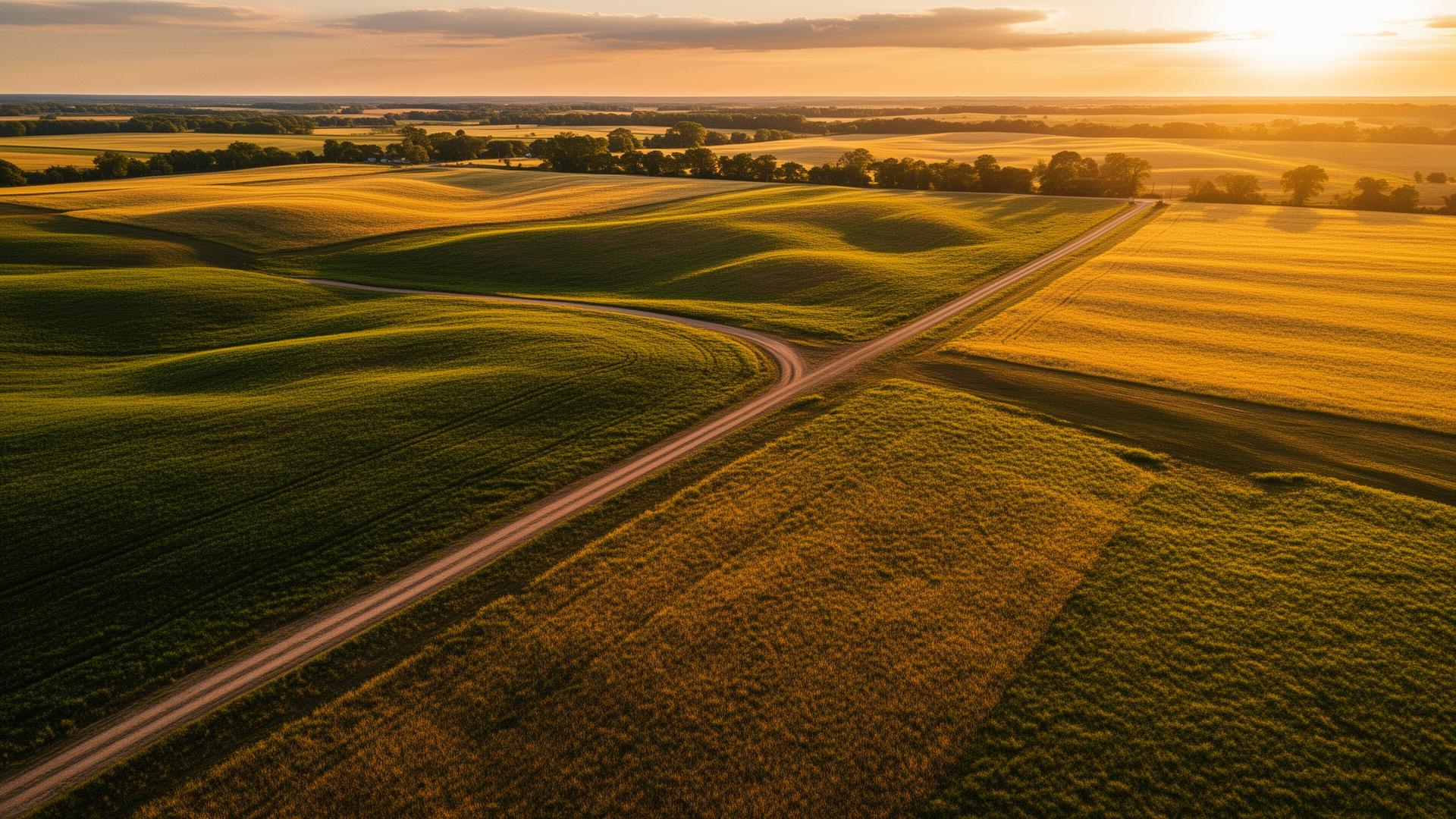 Aerial view of rolling American farmland at sunset